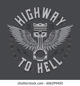 Motorcycle piston typography, tee shirt graphics, vectors, wings
