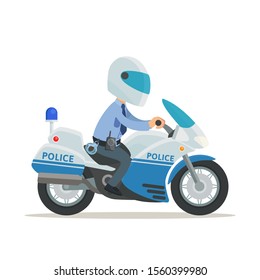 Motorcycle policeman in helmet patrolling the street. Patrolman rides by moto. Sergeant controls the order in the city. Vector illustration, flat design cartoon style. Isolated on white background.