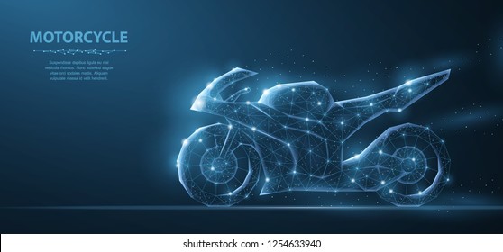 Motorcycle. Polygonal wireframe mesh on blue night sky with dots, stars and looks like constellation. Illustration or background. Vehicle speed travel. Sportbike vector