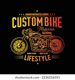 Cartel de la motocicleta. Ilustración vectorial original en estilo vintage aislado sobre fondo negro. Diseño de camiseta. Dibujado a mano, no AI