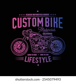 Motorcycle poster. Original vector illustration in vintage style isolated on black background. T-shirt design. Hand drawn, not AI