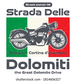 Motorradposter mit Straßenbezeichnung - Strada Delle Dolomiti, Italien. Biker Event oder Festivaldesign. Vektorgrafik