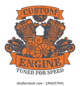Motorcycle poster with text Custom Engine, Tuned for Speed. Bikers t-shirt print design or poster. Vector illustration