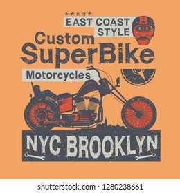 Motorcycle poster with text Custom Super Bike, East Coast style. Bikers event or festival poster. Vector illustration