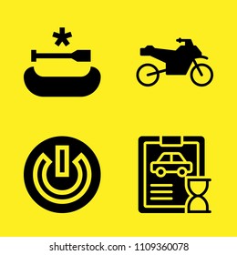 motorcycle, power button, canoe and car repair vector icon set. Sample icons set for web and graphic design