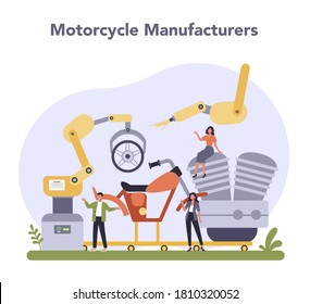 Motorcycle production industry. Vehicle part on the machinery line with robotic hands. Machine engineering and manufacturing, Isolated flat illustration