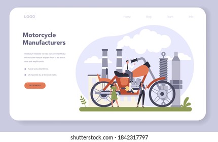 Motorcycle production industry web banner or landing page. Vehicle part on the machinery line with robotic hands. Machine engineering and manufacturing, Isolated flat illustration