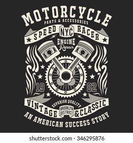 Motorcycle racer engine typography, t-shirt graphics, vectors