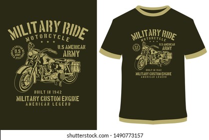 Motorcycle Racer, Moto Ride, Moto Cross, Military Ride, Iron Rider - Vector graphic, typographic design, poster. Vintage motorcycle label, badge, logo, icon or t-shirt.