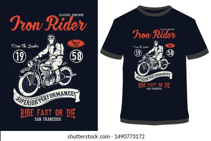 Motorcycle Racer, Moto Ride, Moto Cross, Military Ride, Iron Rider - Vector graphic, typographic design, poster. Vintage motorcycle label, badge, logo, icon or t-shirt.