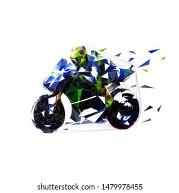 Motorcycle racer rides blue road bike. Moto racing, low polygonal blue motorbike, isolated geometric vector illustration. Side view