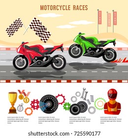 Motorcycle Races Infographic. Motorcycle Racing Championship On The Racetrack. Moto Sport Concept Vector 