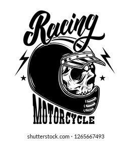 Motorcycle racing. Biker skull in racer helmet. For logo, label, sign, poster, card. Vector image