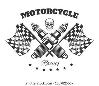 Motorcycle racing club, bikers community isolated icon vector. Skull and checkered flag, spark plugs, auto parts and extreme motorcycling sport. Bike race and repairing, motorway and touring