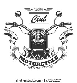 Motorcycle racing club, bikers community isolated icon or T-shirt pint vector. Motorbike and flame, extreme motorcycling sport, bikers vehicle or transport. Bike race and repair, motorway and touring