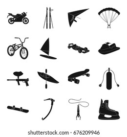 Motorcycle racing, downhill skiing, jumping, parachuting and other sports. Extreme sports set collection icons in black style vector symbol stock illustration web.