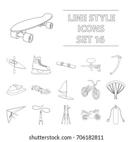 Motorcycle racing, downhill skiing, jumping, parachuting and other sports. Extreme sports set collection icons in outline style vector symbol stock illustration web.