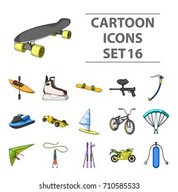 Motorcycle racing, downhill skiing, jumping, parachuting and other sports. Extreme sports set collection icons in cartoon style vector symbol stock illustration web.