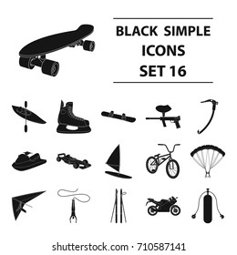Motorcycle racing, downhill skiing, jumping, parachuting and other sports. Extreme sports set collection icons in black style vector symbol stock illustration web.
