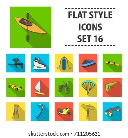 Motorcycle racing, downhill skiing, jumping, parachuting and other sports. Extreme sports set collection icons in flat style vector symbol stock illustration web.