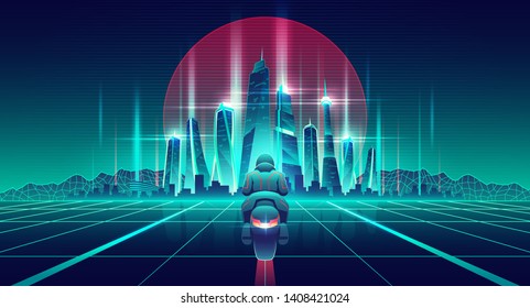 Motorcycle racing in future city cartoon vector concept. Motorcyclist on bike riding on glossy surface with glowing neon grid to futuristic architecture skyscrapers buildings on horizon illustration