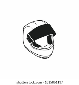Motorcycle racing helmet side view isolated on a white background. Drawing of a black contour Doodle helmet for a motorcycle. Protection, equipment, and security. Vector Icon for a spare parts, equipm
