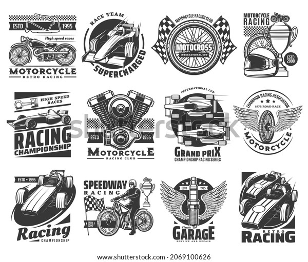 Motorcycle racing icons, car sport races and club\
emblems, vector. Motors championship and speedway or rally racing\
and custom garage signs with engine, wheel on wings and Gran Prix\
victory cup