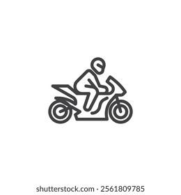 Motorcycle Racing line icon. linear style sign for mobile concept and web design. A sportbike with a rider outline vector icon. Symbol, logo illustration. Vector graphics