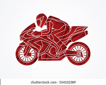 Motorcycle racing side view designed using red grunge brush graphic vector.