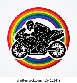 Motorcycle racing side view designed on line rainbows background graphic vector.