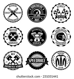 Motorcycle racing tournament motor service emblems black set isolated vector illustration