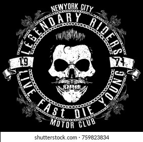 Motorcycle Racing Typography Graphics and Poster. Skull and Old school bike. T-shirt Design; vector illustration