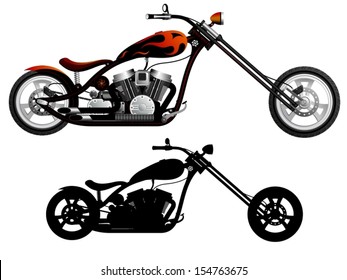 Motorcycle. Red and black chopper. Bike in color and black silhouette. 