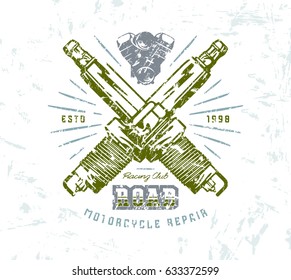 Motorcycle repair emblem. Graphic design for t-shirt with image of spark-plug. Color print on white background