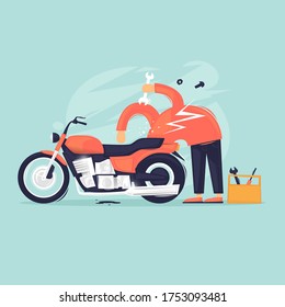 Reparación de motocicletas. Ilustración vectorial de diseño plano.