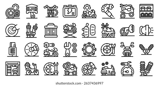 Motorcycle repair icons set. Motorcycle repair icons depict various services, parts, and tools involved in maintaining and fixing motorcycles, ensuring they run smoothly and safely
