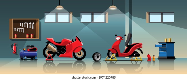 Motorcycle repair and maintenance service concept vector illustration. waiting for checking and repairing  in the garage. vector illustration flat design