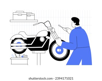 Motorcycle repair service abstract concept vector illustration. Professional repairman fixing a motorcycle in garage, personal transport maintenance, auto repair services abstract metaphor.