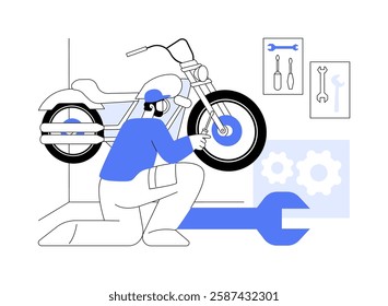 Motorcycle repair service isolated cartoon vector illustrations. Repairman fixing a motorcycle in garage, small business, vehicle maintenance service, transport industry vector cartoon.