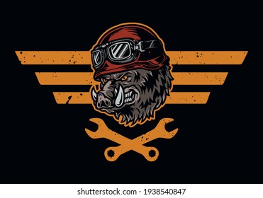 Motorcycle repair service vintage colorful emblem with crossed wrenches and angry wild boar head in moto helmet and goggles isolated vector illustration