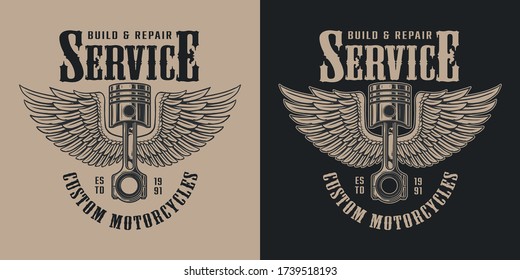 Motorcycle repair service vintage emblem with inscriptions and winged piston in monochrome style isolated vector illustration