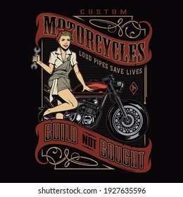 Motorcycle repair service vintage emblem with inscriptions pretty pin up girl holding spanner and standing near moto bike isolated vector illustration