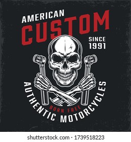 Motorcycle repair service vintage label with skull and crossed skeleton hands holding ratchet wrenches isolated vector illustration