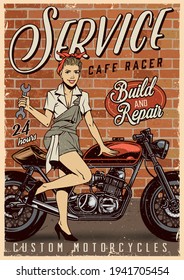 Motorcycle repair service vintage poster with attractive woman holding wrench and standing near cafe racer motorbike vector illustration