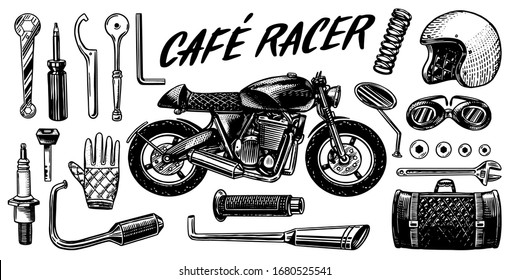 Motorcycle repair. Set of tools for the cafe racer. Bike Gloves Helmet Instruments for motor bicycle. Mending and renovation of vehicles. Hand drawn engraved monochrome sketch for labels or posters.