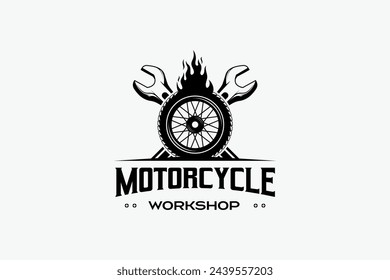Motorcycle repair shop mechanic logo design with fire tire and wrench symbols