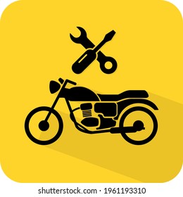 Motorcycle repair sign. Motorbike mechanic icon. Motor bike troubleshooting symbol. Auto parts. Flat color yellow background black vector illustration.