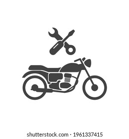 Señal de reparación de motocicletas. Icono mecánico de moto. Símbolo de localización de averías para motocicletas. Partes automáticas. Ilustración vectorial en blanco y negro de color plano.