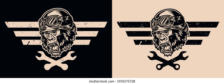 Motorcycle repair vintage emblem with crossed wrenches and ferocious gorilla head in biker helmet and goggles isolated vector illustration