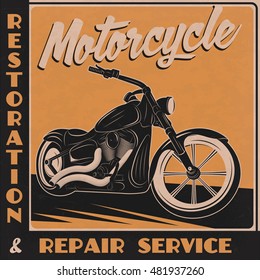 Motorcycle Retro Poster. Vector motorcycle restoration and repair service poster. Vintage motorcycle poster template. Vector Harley Davidson.